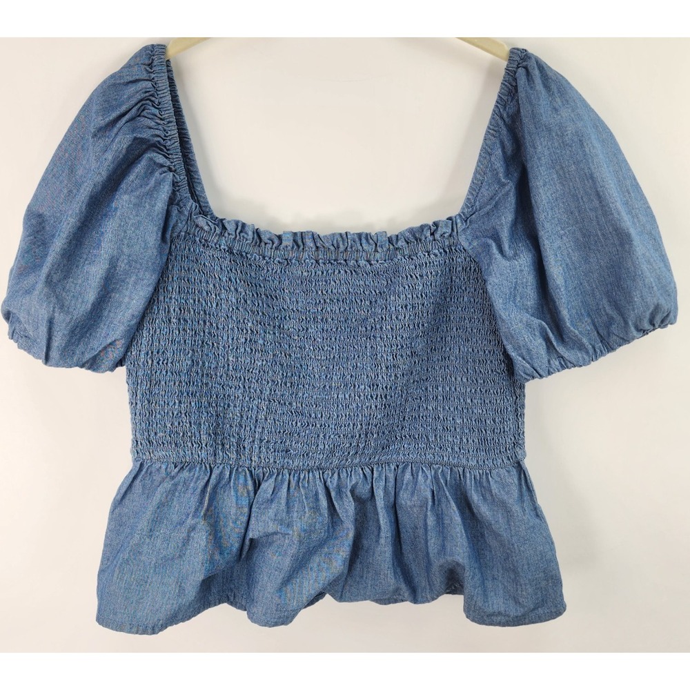 J Crew Squareneck Chambray Smocked Top Womens M Blue Puff Sleeve Cottagecore